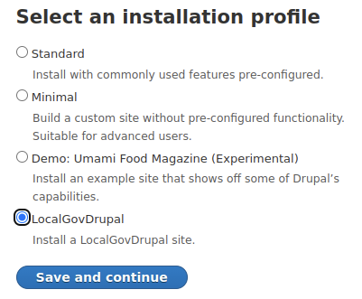 Screenshot of Drupal site installation screen when choosing the installation profile for localgov